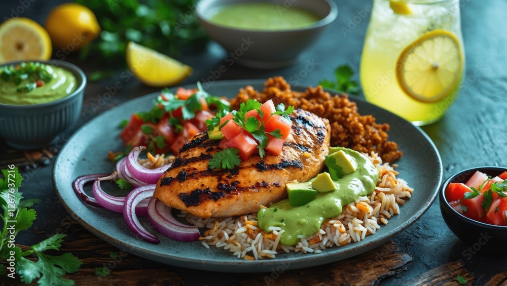 Poster grilled chicken breast served with rice, fried onions, salsa, avocado sauce and refreshing lemonade 