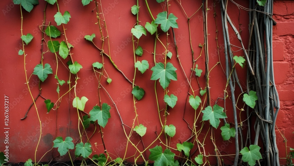 Leinwandbilder vibrant green vines cascading down a textured red wall creating a contrasting and natural decor elem