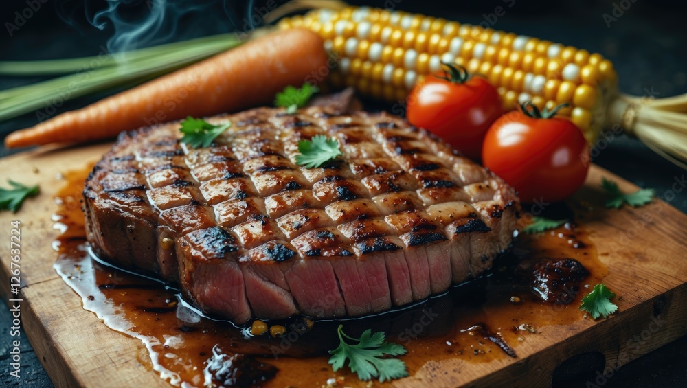 Poster grilled pork steak served with corn, carrots, and tomatoes on a wooden board showcasing rich colors 