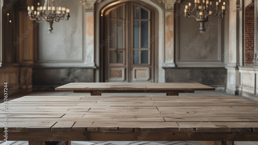 Poster elegant empty wooden tables in a vintage room suitable for product display setups and montages with 