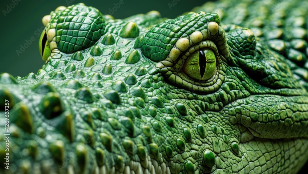 Poster Detailed close-up of vibrant green crocodile skin showcasing intricate texture and patterns for nature and wildlife photography enthusiasts.