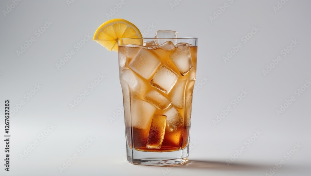 Poster Refreshing glass of Cuba Libre or Long Island Iced Tea with ice and lemon slice isolated on white background with empty space for text.