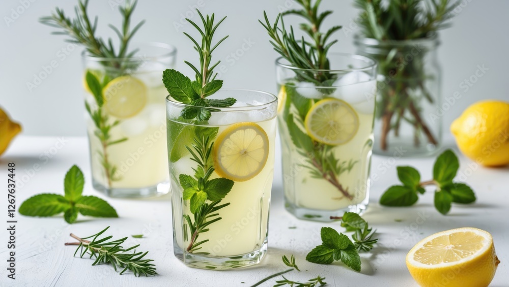 Poster refreshing lemonade with rosemary and mint in glasses surrounded by lemons and fresh herbs on a whit