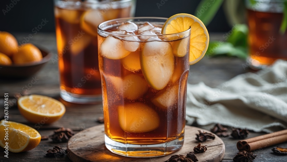 Poster Refreshing glass of iced tea with lemon slice and ice cubes on wooden table with copy space for text and additional fruit garnishes.