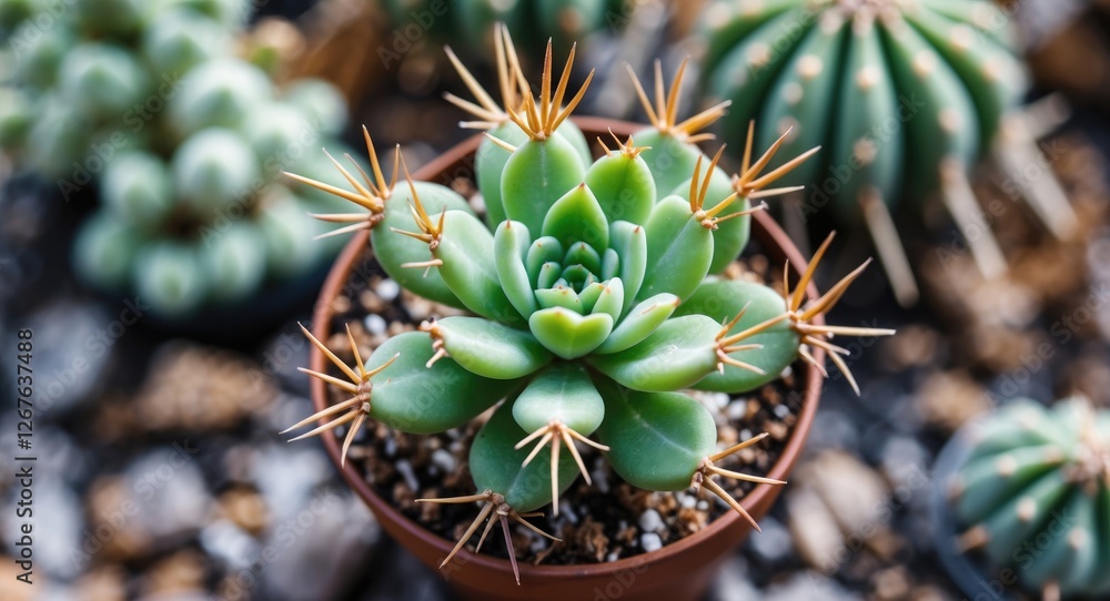 Poster close up of euphorbia ritchiei succulent in decorative pot showcasing thorny stems with empty space 