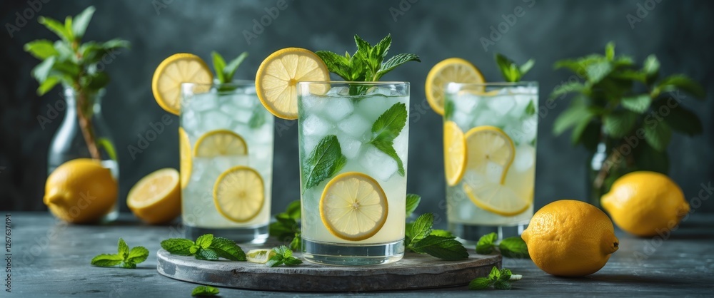 Poster refreshing lemonade drinks with mint garnish on table surrounded by fresh lemons for summer beverage