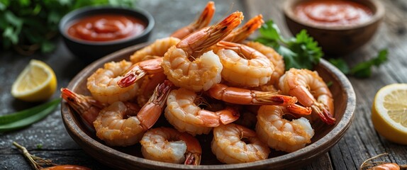 Delicious Fried Shrimp Platter with Dipping Sauce and Lemon Garnish on Rustic Wooden Background