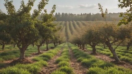 Naklejka premium Chestnut Orchard Scenic Landscape with Sunset Light and Clear Space for Text.