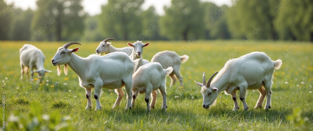 Leinwandbilder goats grazing in a sunny meadow during summer with lush green grass and open space for text overlay