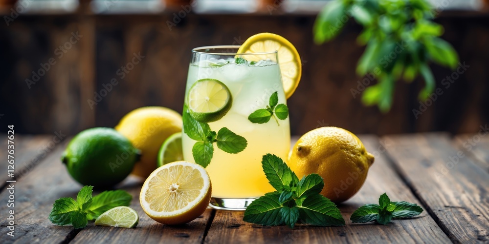 Poster refreshing lemonade with fresh mint and citrus fruits on a rustic wooden table perfect for summer dr