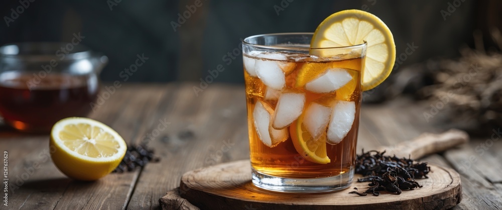 Poster Refreshing iced tea with lemon slices served in a glass on a rustic wooden table with copy space for text and tea leaves in the background