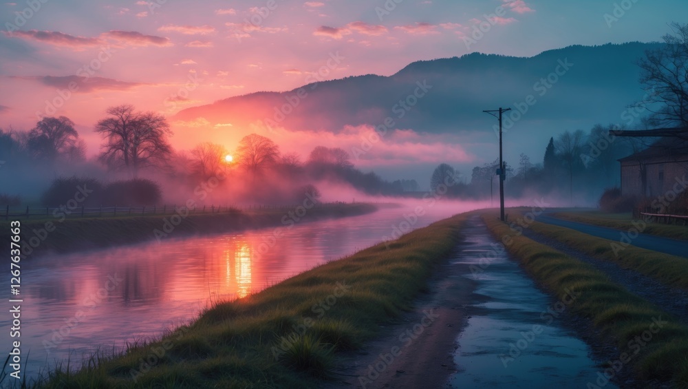 Poster serene sunrise over misty river pathway with vibrant colors and space for text in tranquil landscape