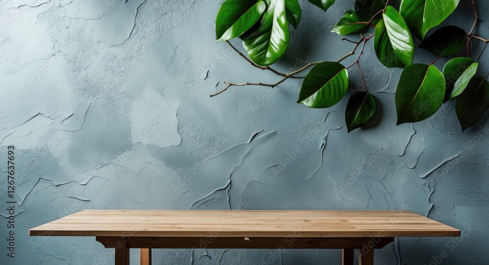 Poster minimalist wooden table against textured wall with glossy green leaves and empty space for creative 