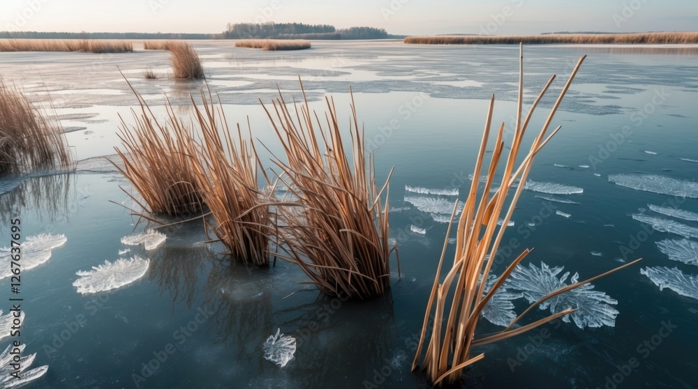Poster reeds emerging from a frozen lake surface with ice patterns creating an abstract winter landscape in