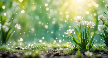 Fototapeta premium Delicate spring flowers basking in soft natural light with a vibrant green background and mesmerizing bokeh effects in a tranquil garden setting