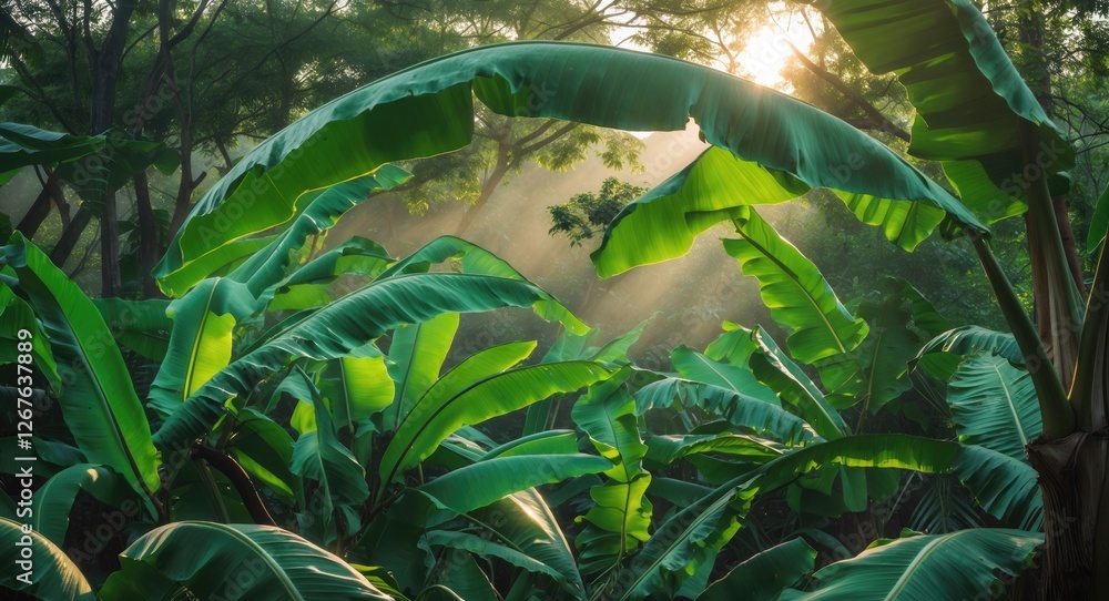 Poster Lush Green Banana Leaves with Soft Morning Light Creating a Serene Background and Open Space for Text or Design Elements