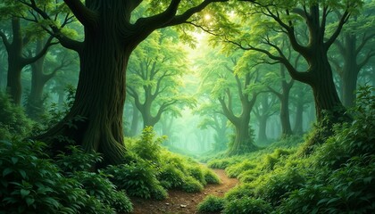 Fototapeta premium Enchanted forest path with sunlight streaming through lush trees.