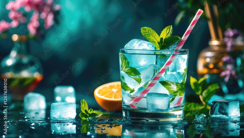Poster refreshing cocktail with ice, mint leaves and straw on table surrounded by citrus and blossoms in a 