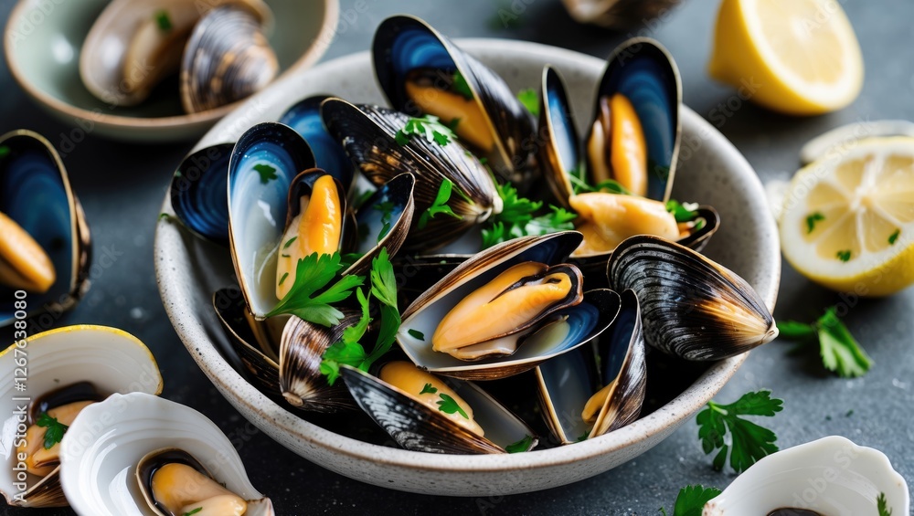 Poster freshly prepared mussels served with lemon and parsley in a bowl, garnished and accompanied by addit