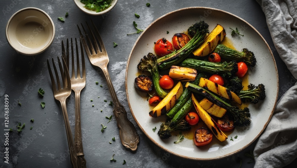 Poster grilled vegetable dinner presentation with vintage forks and empty space for text on slate backgroun