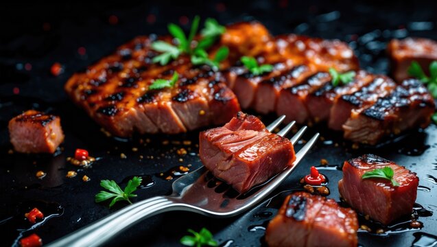 Grilled Barbecued Meat Pieces on Fork with Fresh Herbs Against Dark Background Gourmet Culinary Delight with Space for Text