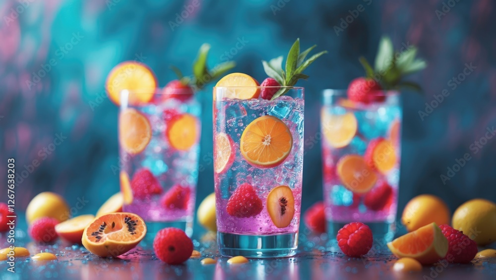 Poster refreshing infused soda water with vibrant fruits on a colorful background showcasing a bright and i