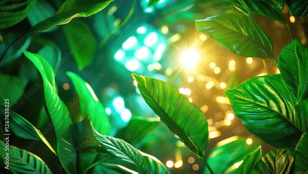 Fototapete Vibrant green leaf texture with illuminated backdrop creating a lively and refreshing natural scene for design and background usage.
