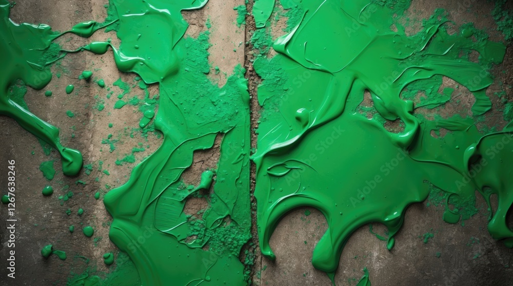 Poster Abstract green paint texture on a concrete floor with splatters and drips showcasing a vibrant and artistic background design.