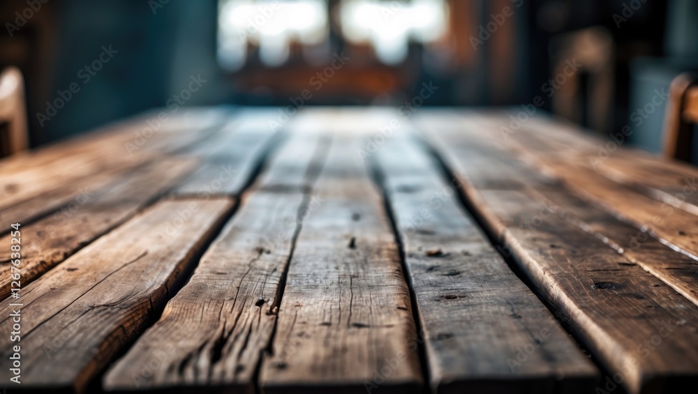Poster rustic wooden table surface with blurred background creating an inviting atmosphere for cozy dining 