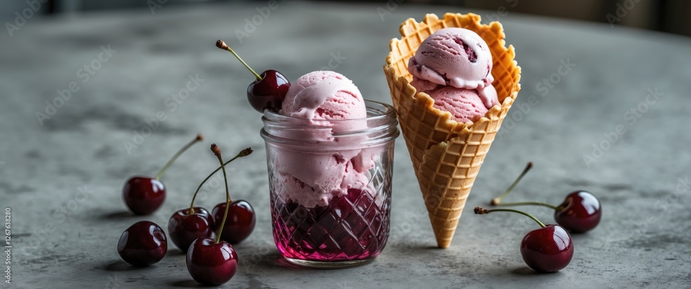 Aufkleber delicious cherry ice cream in waffle cone and glass jar with fresh cherries on concrete table settin