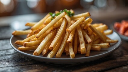 Plate of Golden French Fries Garnished with Green Onions on Rustic Wooden Table Close-Up Photography