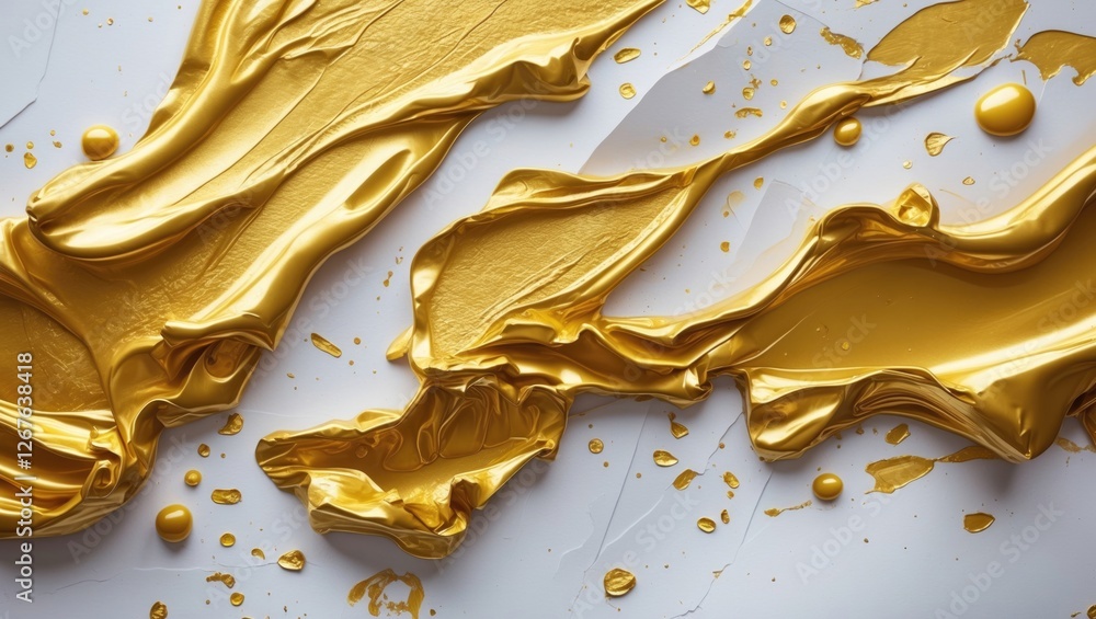 Poster Gold acrylic paint flowing on a white paper background creating a vibrant and artistic texture perfect for creative projects and designs.