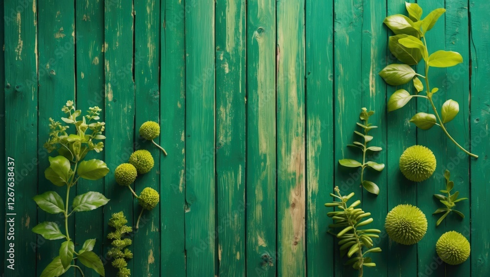 Poster green wooden texture background with fresh leaves and decorative elements for natural design and cre