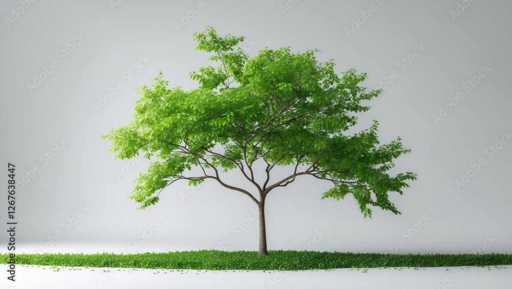 Aufkleber lush green tree standing on a vibrant grass patch against a minimalist white background symbolizing 