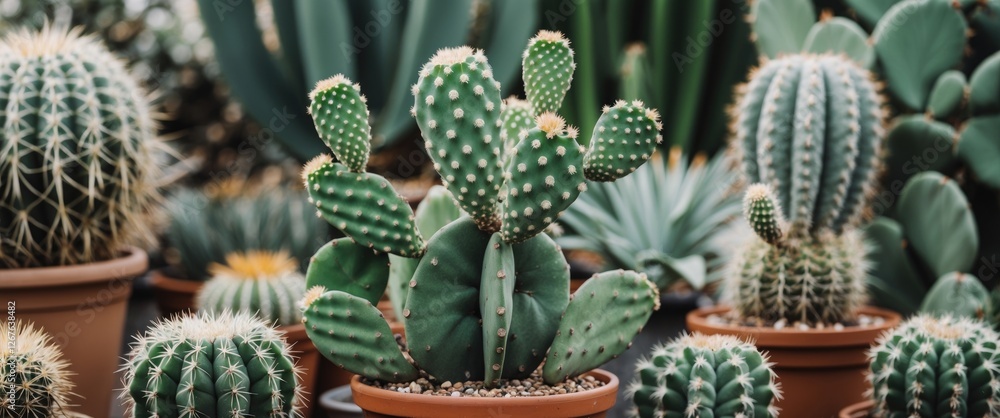 Fototapete cactus garden with diverse succulent plants and empty space for text addition