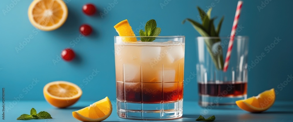 Poster Colorful Refreshing Cocktail On Table With Citrus Fruits And Empty Space For Text Ideal For Beverage Promotions And Advertisements