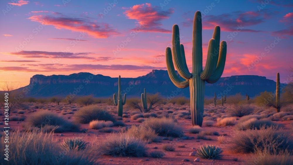 Aufkleber majestic saguaro cactus in desert landscape at dusk with vibrant sky and open space for text or grap