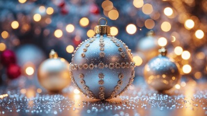 Elegant silver Christmas ornament surrounded by festive bokeh lights and sparkling decorations creating a joyful holiday atmosphere.