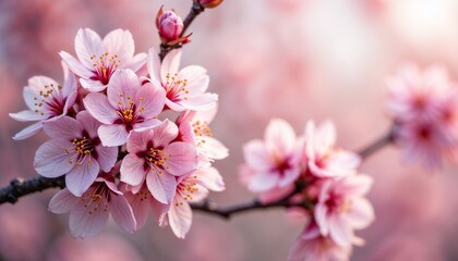 Branch with pink flowers on a light background, macro photography style