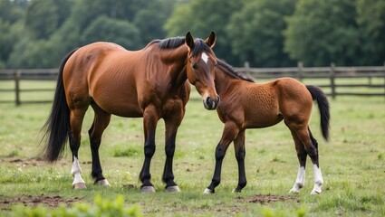 Obraz premium Brown Mare and Foal Grazing Together in a Sunny Pasture on a Farm Showing Bonding and Nature in Summer Scenery