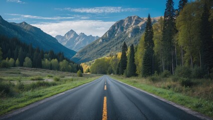 Fototapeta premium Scenic Asphalt Road Through Lush Forest and Majestic Mountains Under Bright Blue Sky in a Serene Nature Landscape