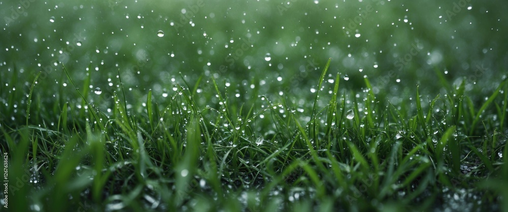 Poster lush green grass covered with water droplets after rain showcasing a serene nature scene with space 