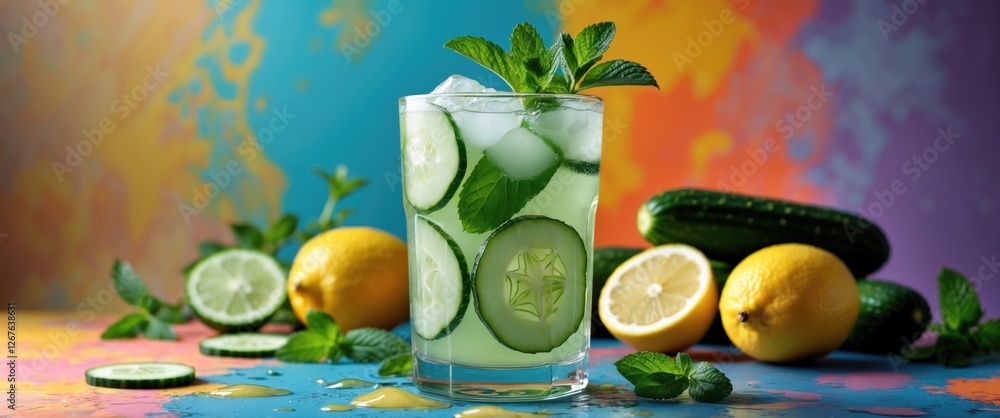 Poster Refreshing Lemonade with Cucumber and Mint Garnish Set Against a Vibrant Colorful Background