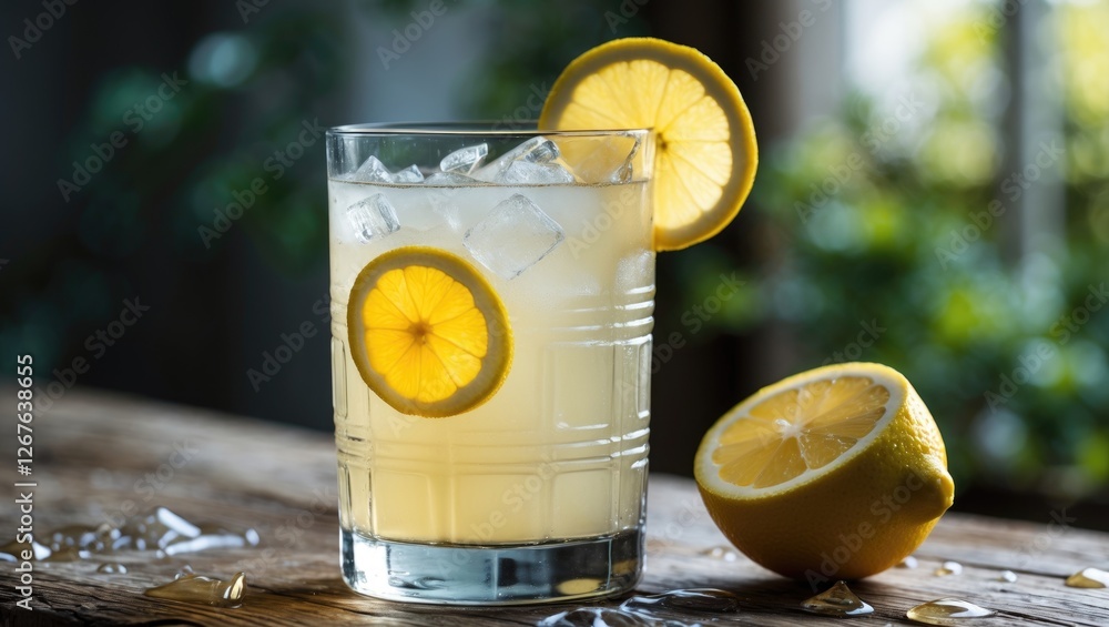 Poster refreshing lemonade in a glass with ice and lemon slices captured in natural light on a wooden table