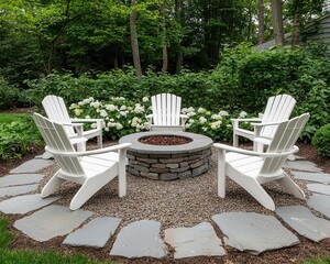 A patch of dirt turned into a stone patio with a fire pit and seating areas