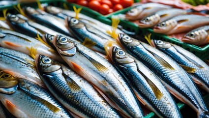 Fototapeta premium Fresh Sardines Displayed at Market with Cherry Tomatoes and Green Baskets for Sale Ready for Culinary Preparation or Seafood Menu Options