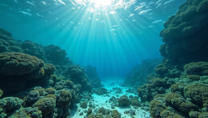 Fototapeta premium Underwater world with coral reef and rays of light penetrating through the water, landscape photography style