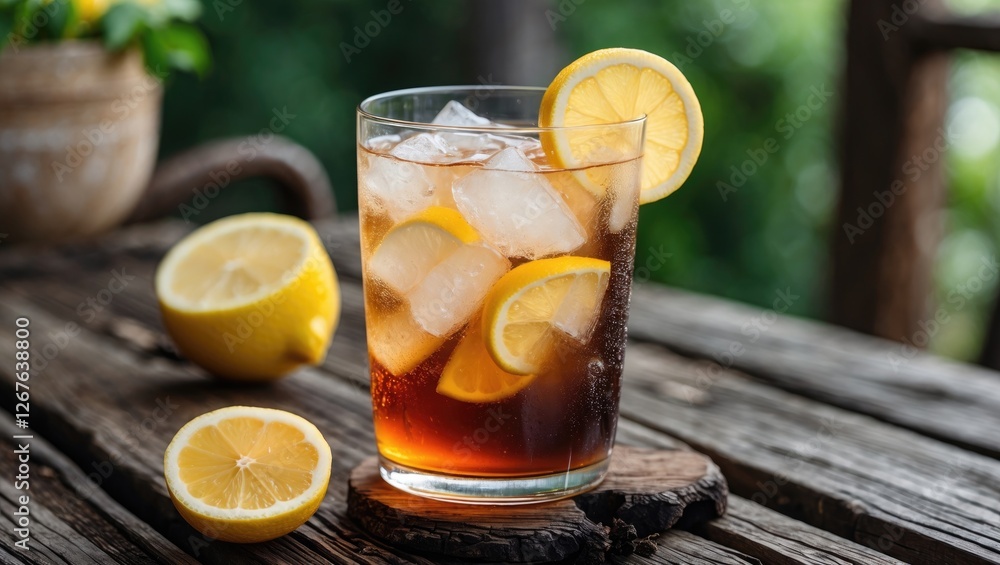 Poster refreshing iced tea with lemon slices on rustic wooden table, ideal for summer promotions and bevera