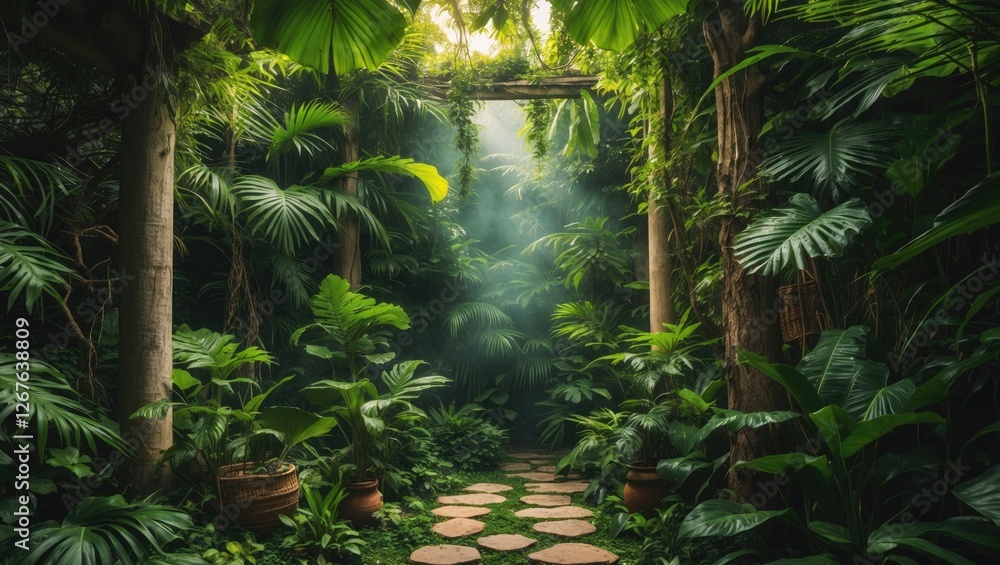 Poster lush green jungle pathway with sunlight filtering through leaves creating a serene summer atmosphere