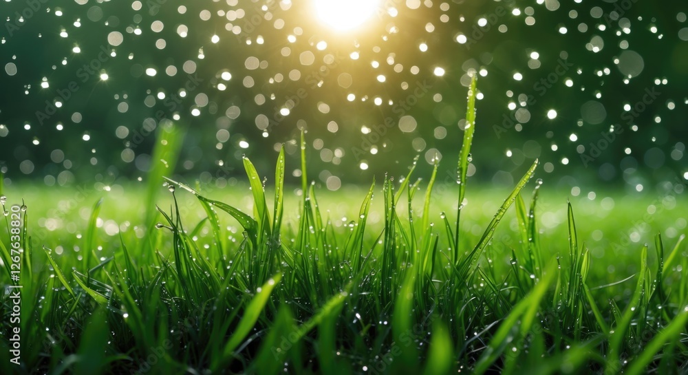 Poster sunlit green grass with bokeh raindrops background creating a serene and refreshing nature scene for